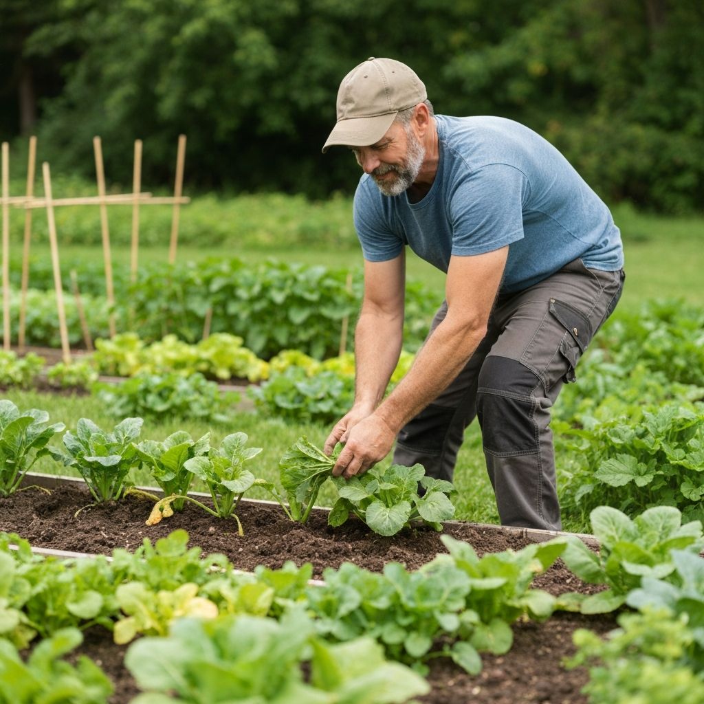 Man gardening and planting vegetables outdoors