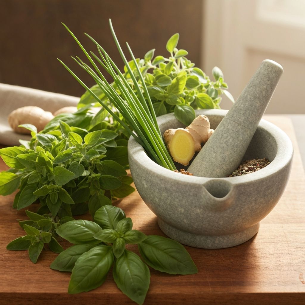 Mortar and pestle with fresh herbs and spices
